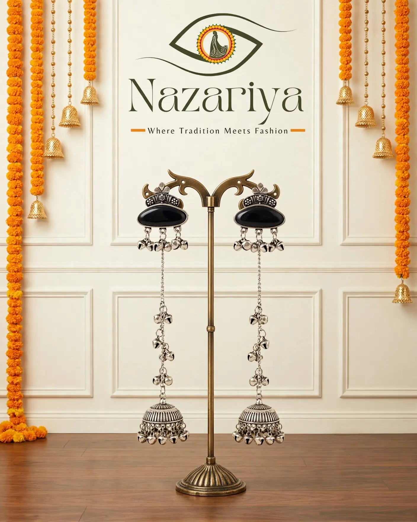 Black Stone Long Chain Jhumkas — Indian ethnic wear Brampton