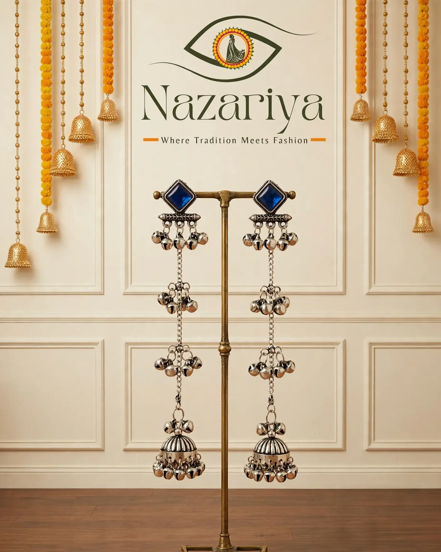 Blue Stone Long Chain Jhumkas — Indian ethnic wear Brampton