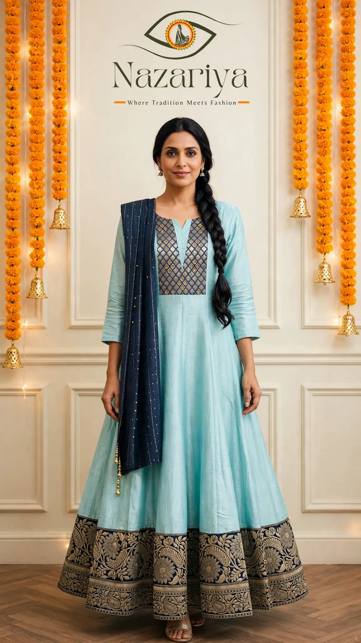 Aqua-Navy Embroidered Anarkali — Indian ethnic wear Brampton