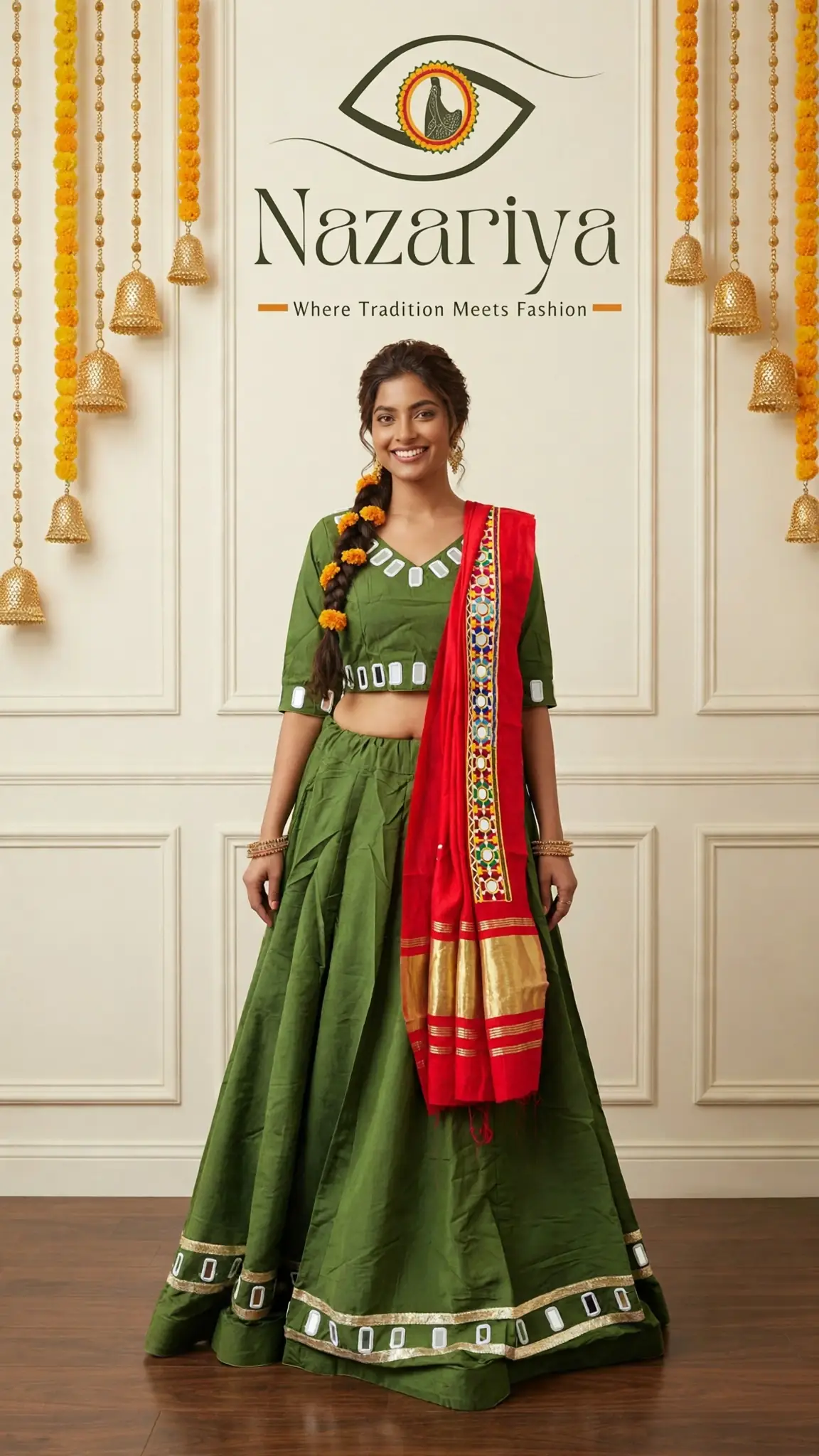 Olive Mirror-Work Chaniya Choli — Indian ethnic wear Brampton